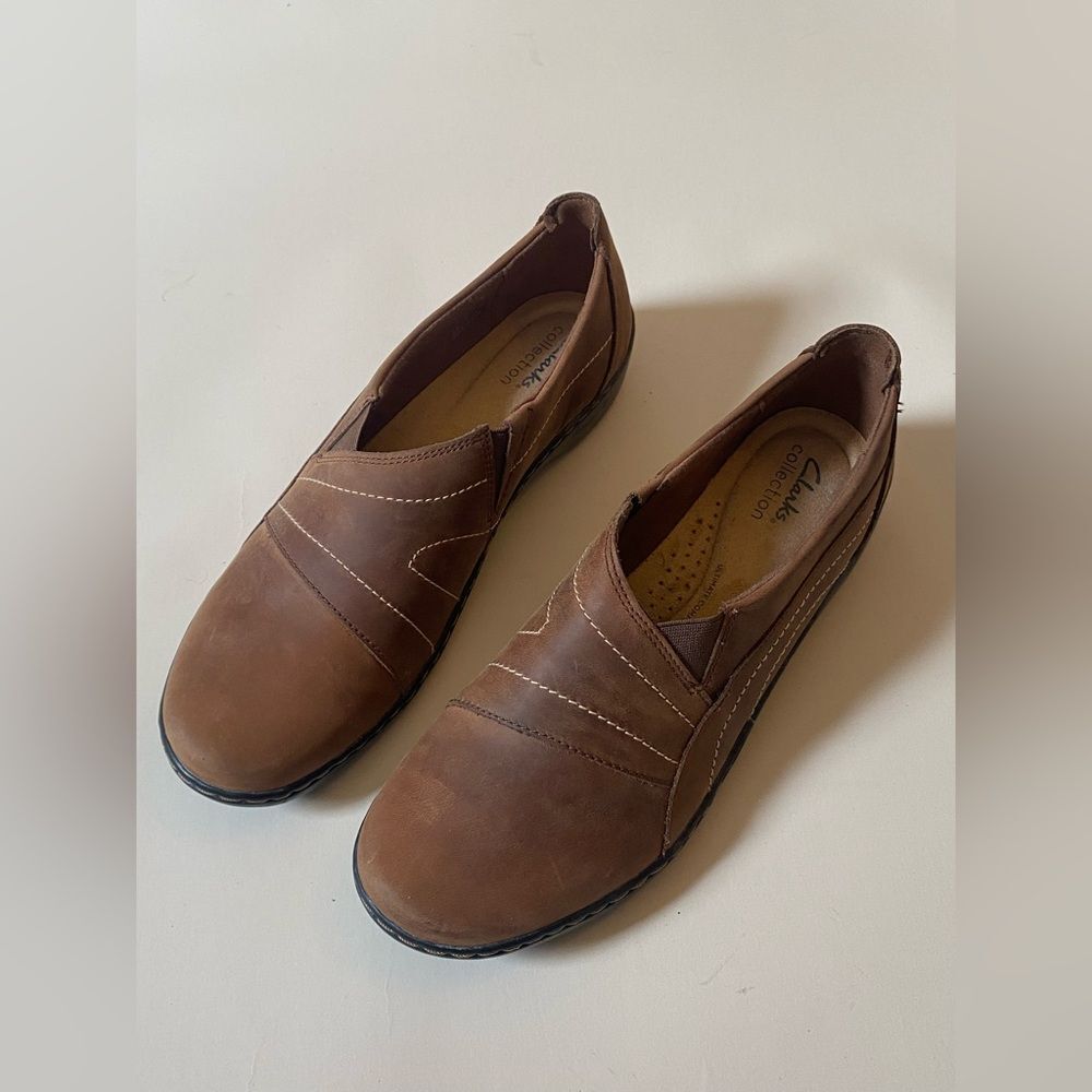 Clark’s Cora Edge Brown Leather Slip On Flats Size Women’s 10 N